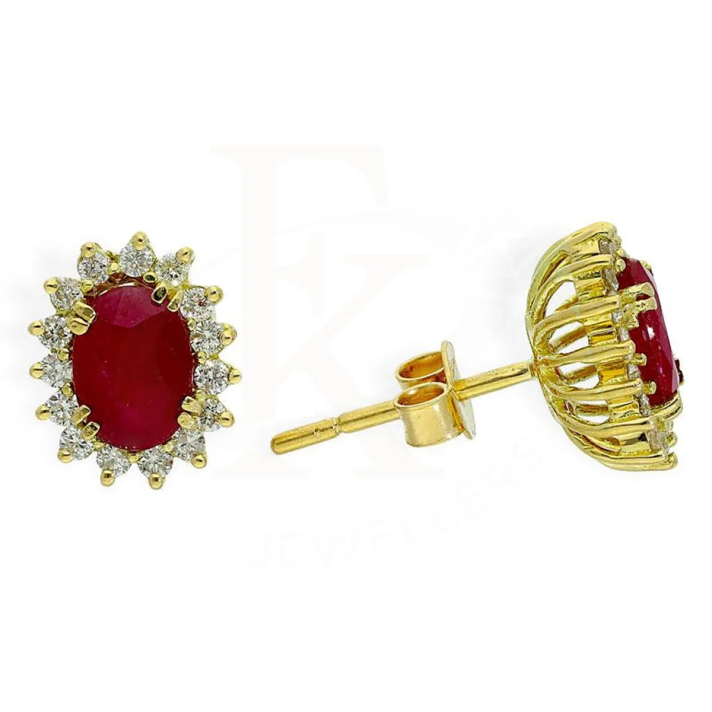 Diamond And Ruby Solitaire In Oval Shape Earrings 18Kt Gold - Fkjern18K1865