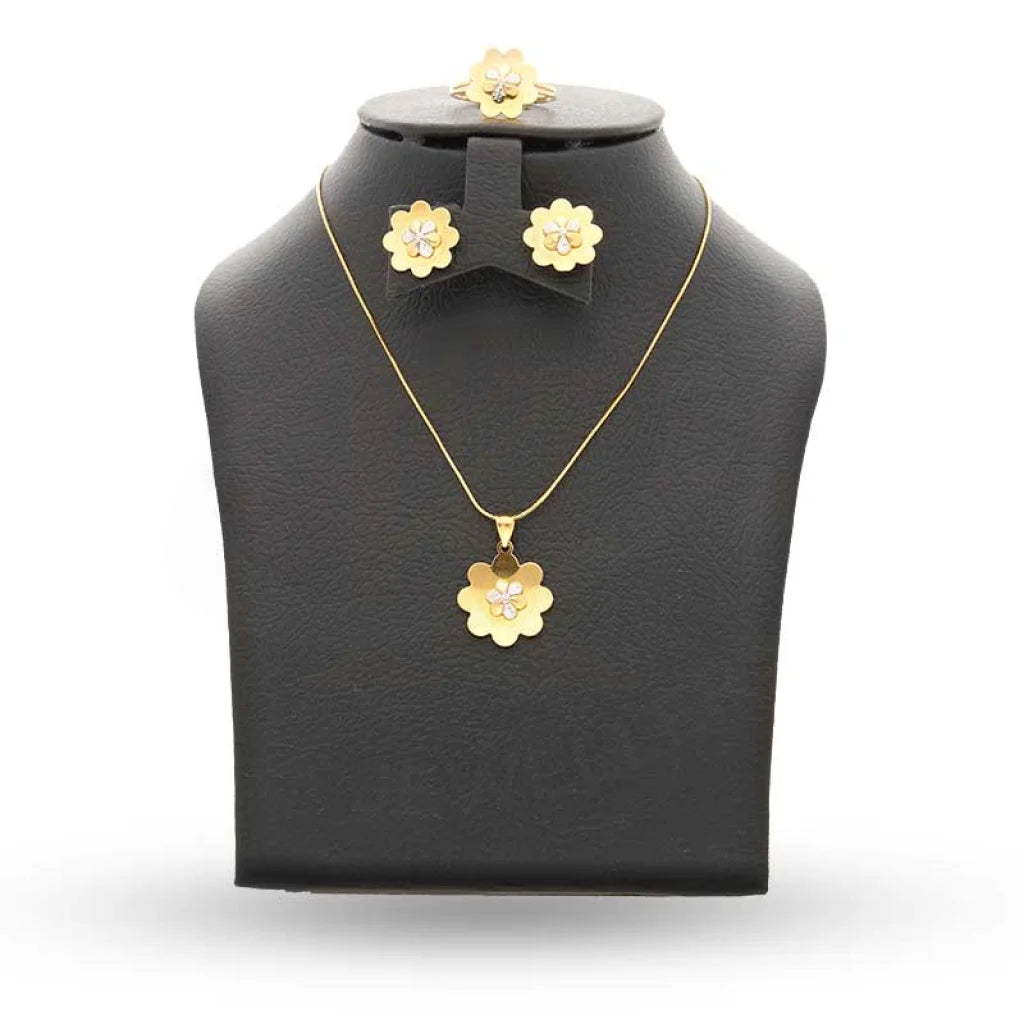 Dual Tone Gold Flower Pendant Set (Necklace Earrings And Ring) 18Kt - Fkjnklst18K2413 Sets