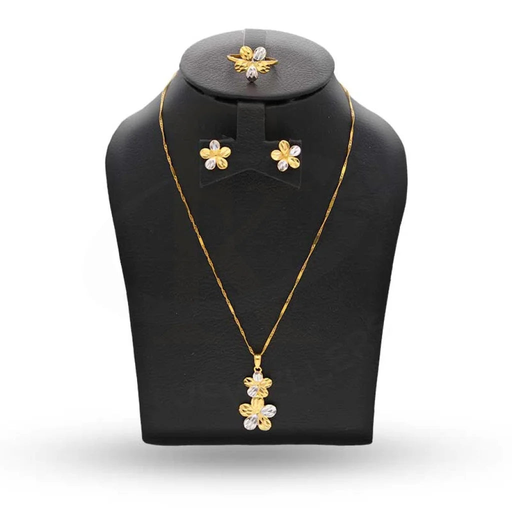 Dual Tone Gold Flower Shaped Pendant Set (Necklace Earrings And Ring) 22Kt - Fkjnklst22K2395 Sets