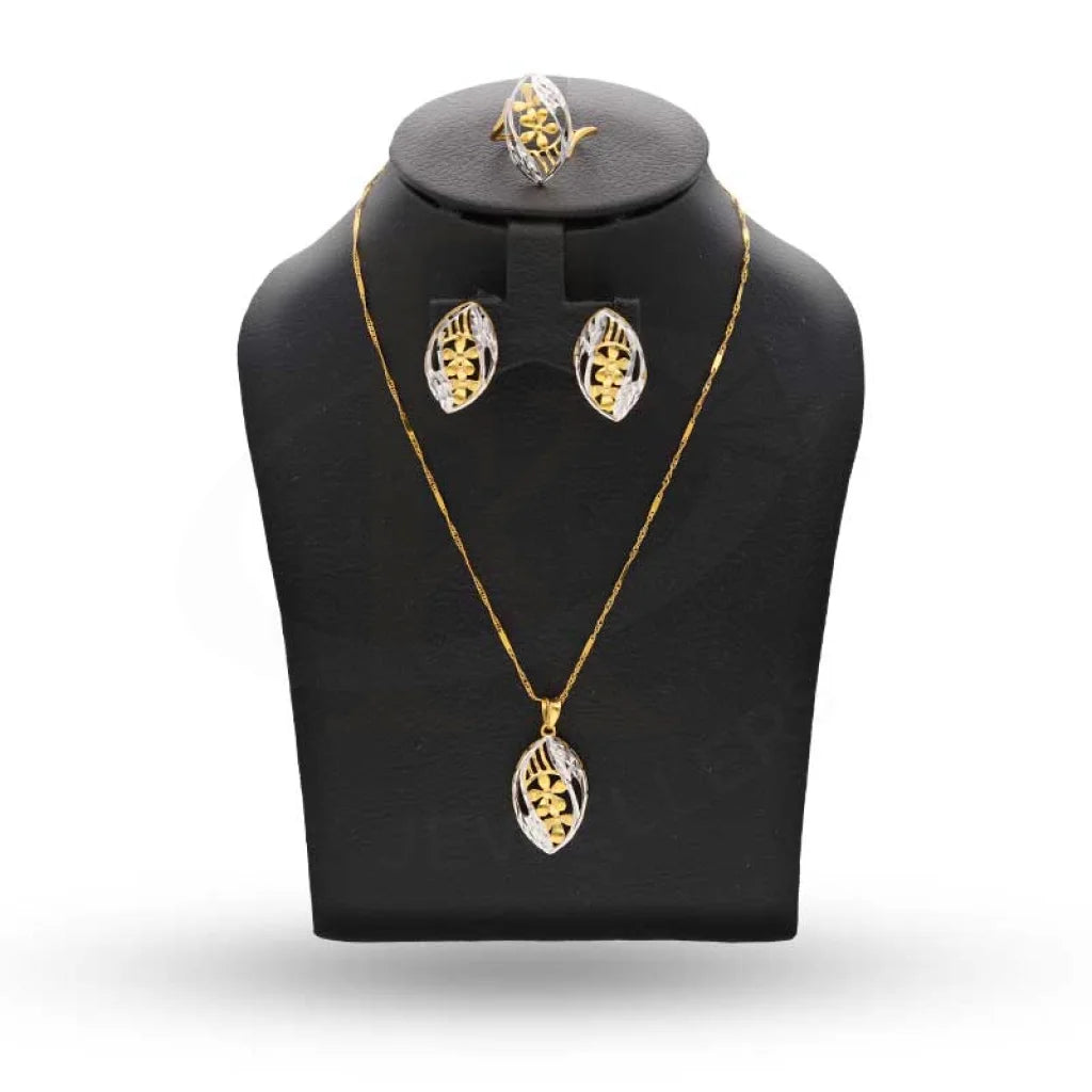 Dual Tone Gold Marquise Shaped Pendant Set (Necklace Earrings And Ring) 22Kt - Fkjnklst22K2390 Sets