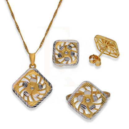 Dual Tone Gold Rhombus And Flower Shaped Pendant Set (Necklace Earrings Ring) 22Kt - Fkjnklst22K2401