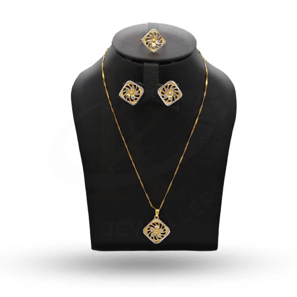 Dual Tone Gold Rhombus And Flower Shaped Pendant Set (Necklace Earrings Ring) 22Kt - Fkjnklst22K2401