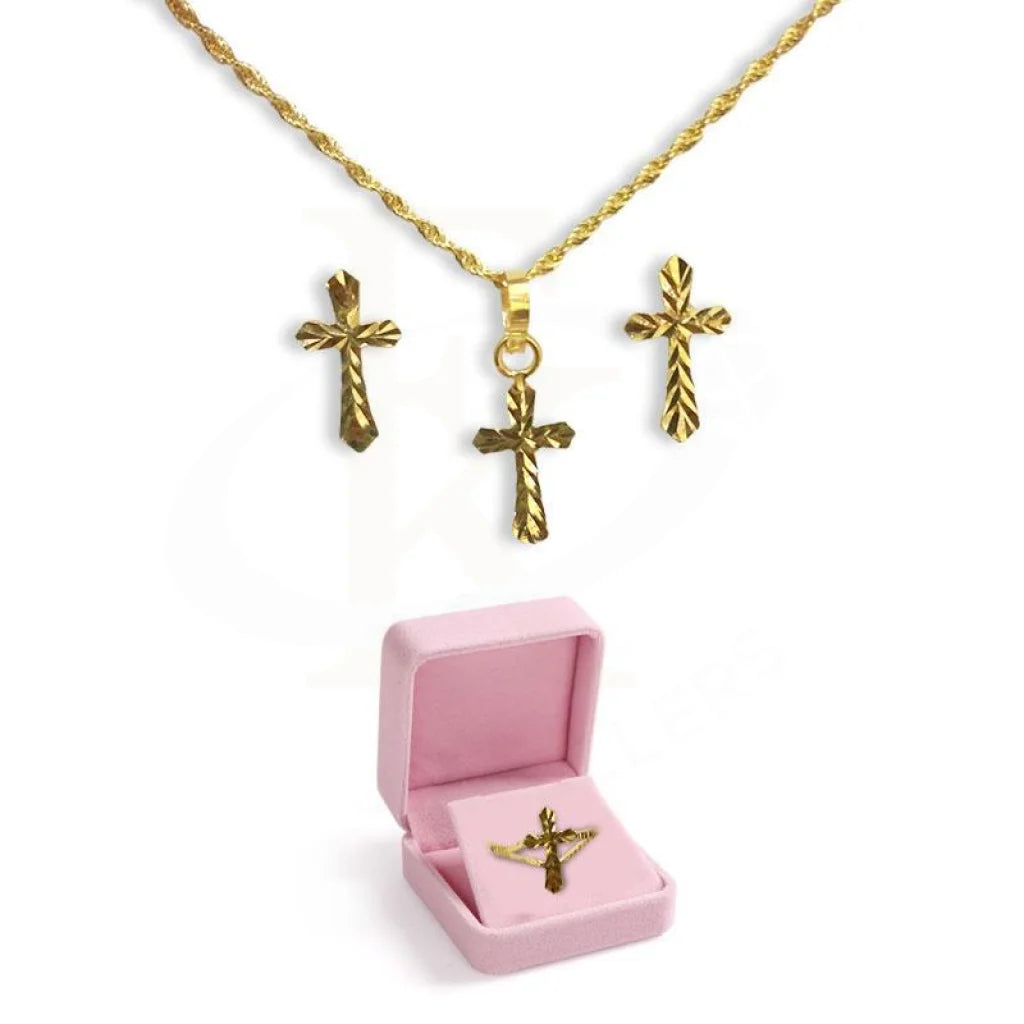 Gold Cross Pendant Set (Necklace Earrings And Ring) 18Kt - Fkjnklst1692 Sets