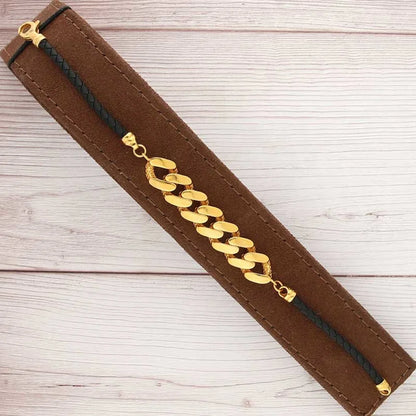 Gold Curb With Leather Bracelet In 21Kt - Fkjbrl21K2764 Bracelets