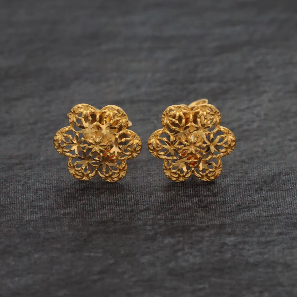 Gold Flower Shaped Earrings 21Kt - Fkjern21Km8491
