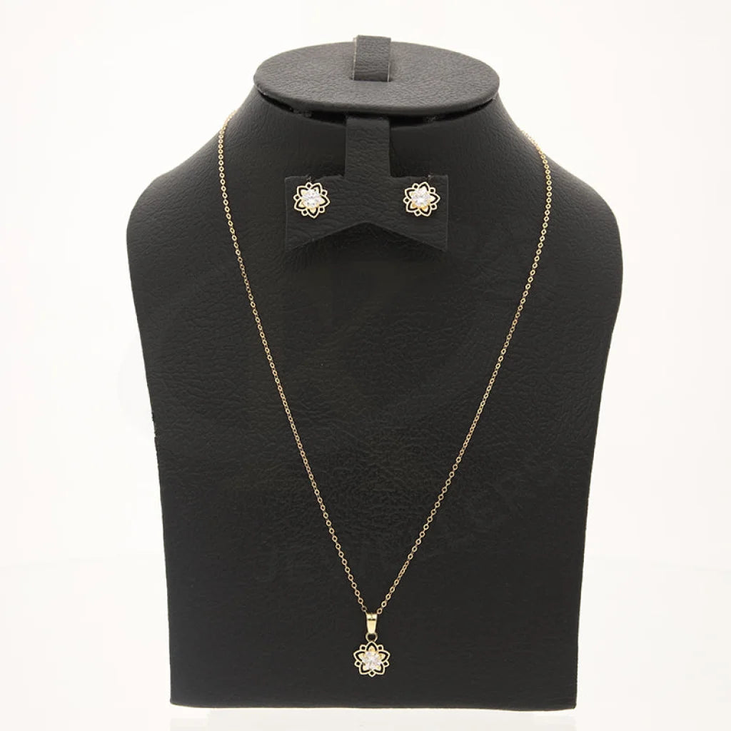 Gold Flower Shaped Solitaire Pendant Set (Necklace And Earrings) 18Kt - Fkjnklst18K5580 Sets
