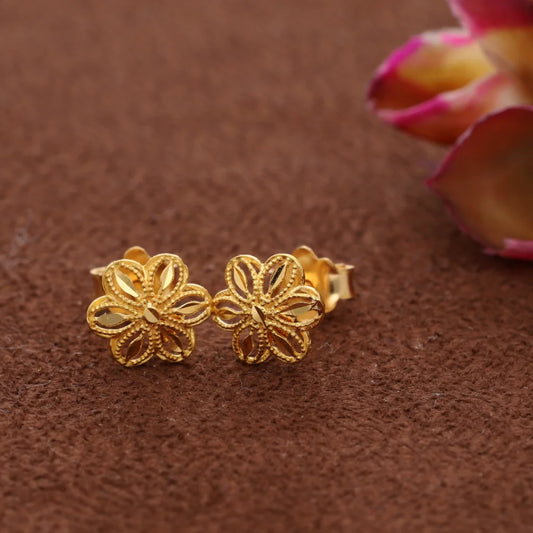 Gold Flower Shaped Stud Earrings 21Kt - Fkjern21Km8485