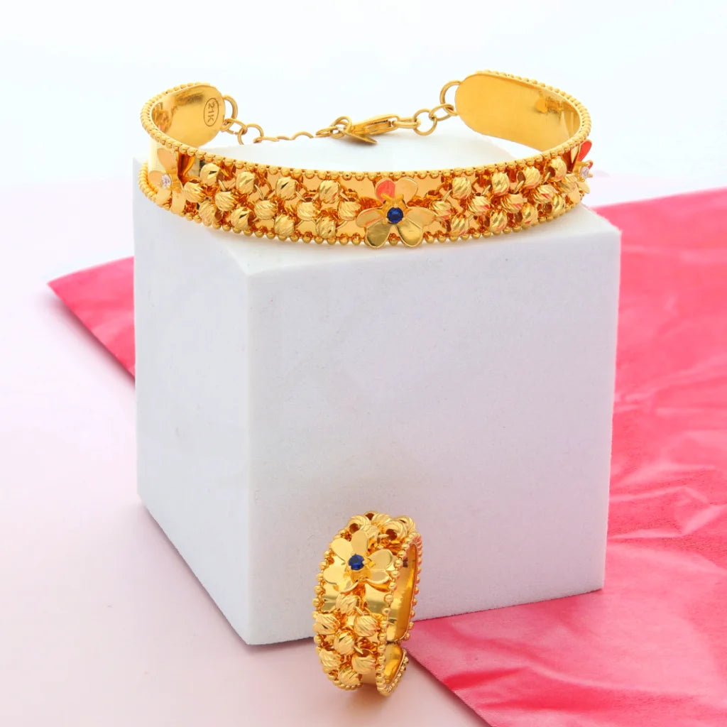 Gold Flower Stud Design Bangle Set (Bangle And Ring) 21Kt - Fkjset21Km8690 Pendant Sets