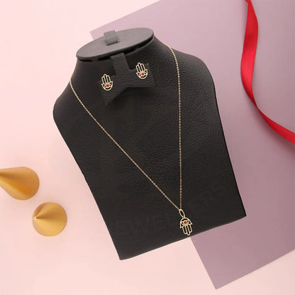 Gold Hamsa Hand Pendant Set (Necklace And Earrings) 18Kt - Fkjnklst18K5585 Sets