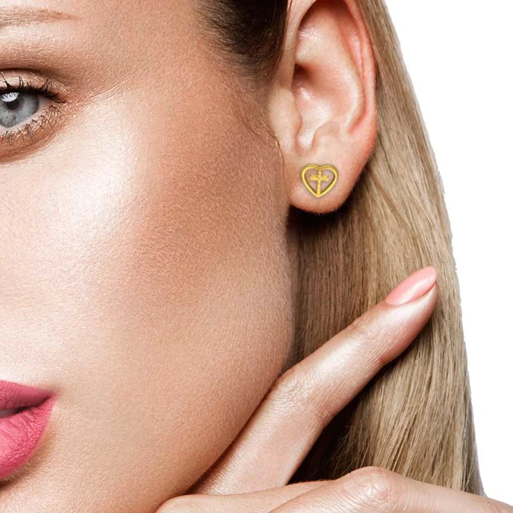 Gold Heart Cross Stud Earrings 18Kt - Fkjern18K2799