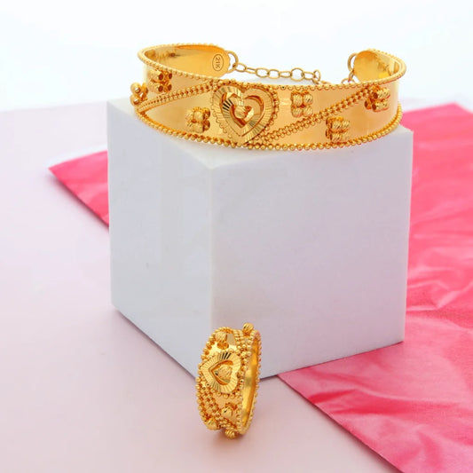 Gold Heart Design Bangle Set (Bangle And Ring) 21Kt - Fkjset21Km8683 Pendant Sets