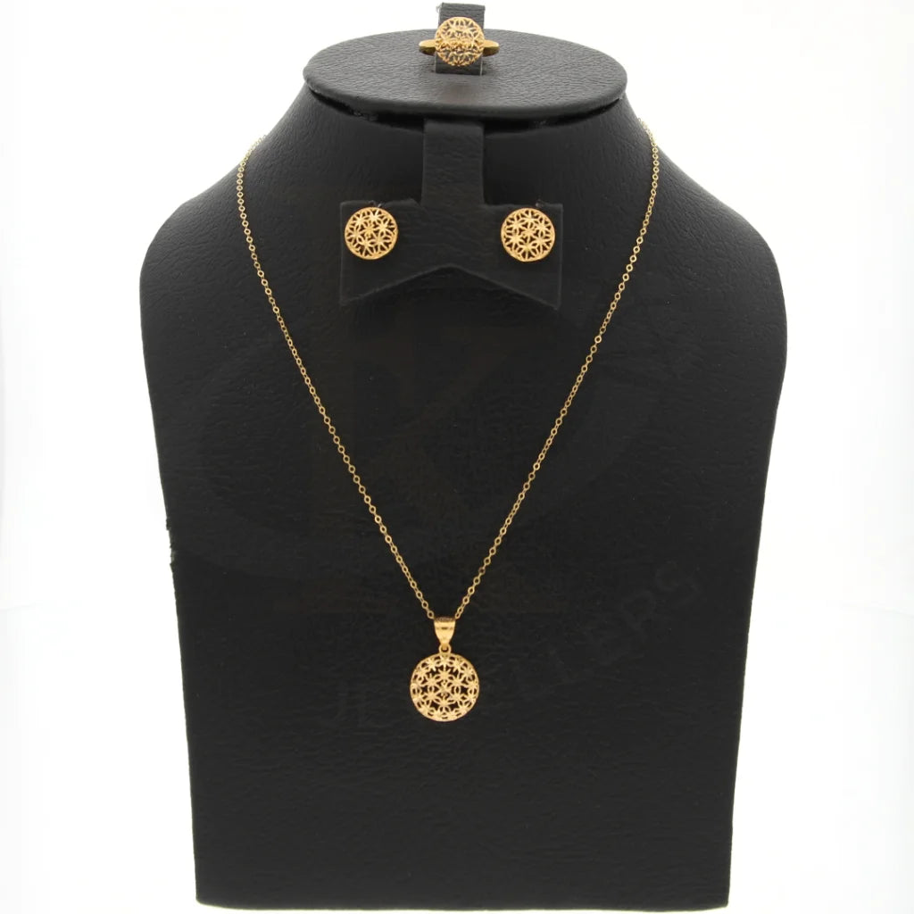 Gold Hollow Flower Shaped Pendant Set (Necklace Earrings And Ring) 21Kt - Fkjnklst21Km8049 Sets