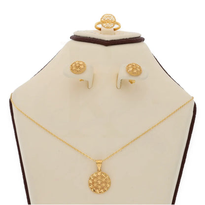 Gold Hollow Flower Shaped Pendant Set (Necklace Earrings And Ring) 21Kt - Fkjnklst21Km8049 Sets