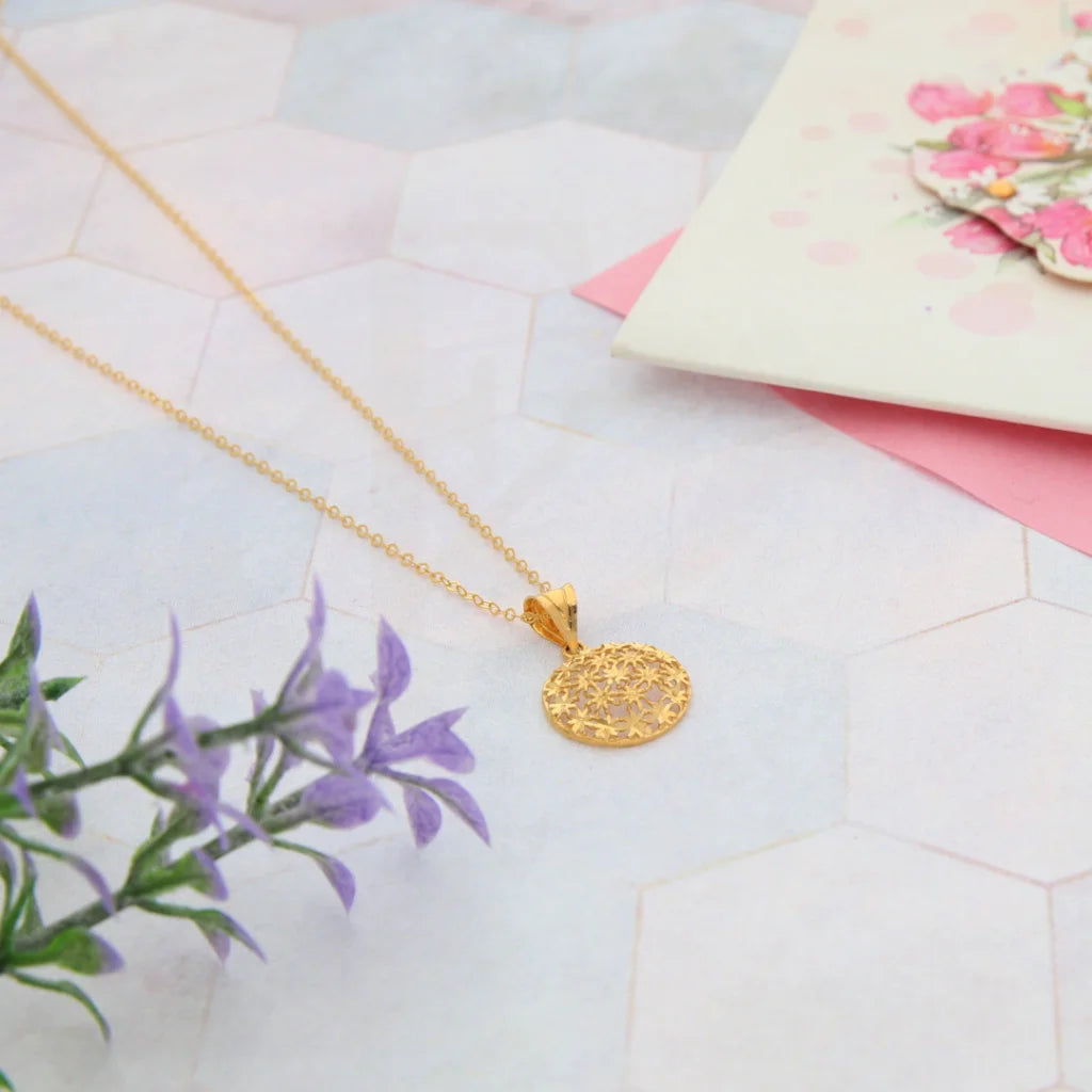 Gold Hollow Flower Shaped Pendant Set (Necklace Earrings And Ring) 21Kt - Fkjnklst21Km8049 Sets