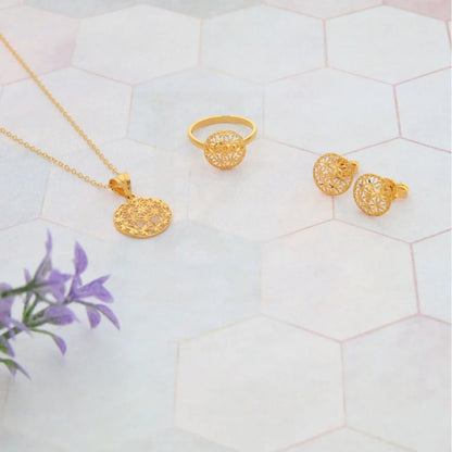 Gold Hollow Flower Shaped Pendant Set (Necklace Earrings And Ring) 21Kt - Fkjnklst21Km8049 Sets