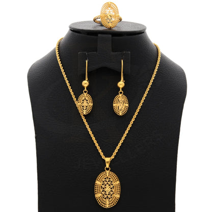 Gold Hollow Leaf Shaped Pendant Set (Necklace Earrings And Ring) 21Kt - Fkjnklst21Km8511 Sets