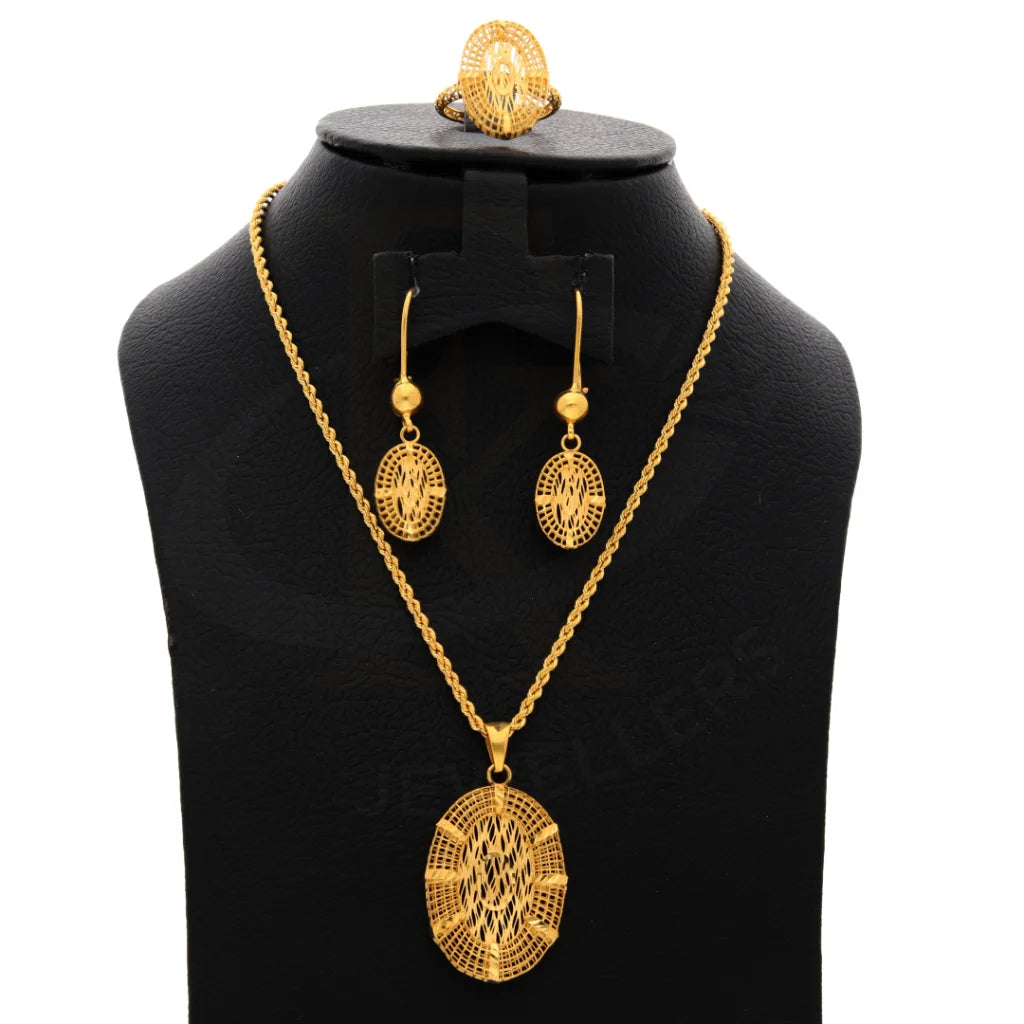 Gold Hollow Oval Shaped Pendant Set (Necklace Earrings And Ring) 21Kt - Fkjnklst21Km8512 Sets