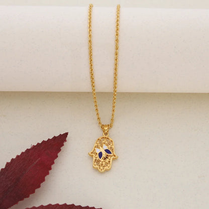 Gold Necklace (Chain With Hamsa Pendant With Butterfly) 21Kt - Fkjnkl21K7588 Necklaces