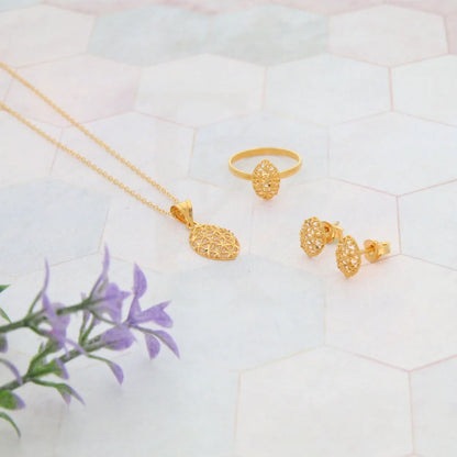 Gold Pear Shaped Pendant Set (Necklace Earrings And Ring) 21Kt - Fkjnklst21Km8051 Sets