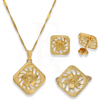 Gold Rhombus And Flower Shaped Pendant Set (Necklace Earrings Ring) 22Kt - Fkjnklst22K2400 Sets