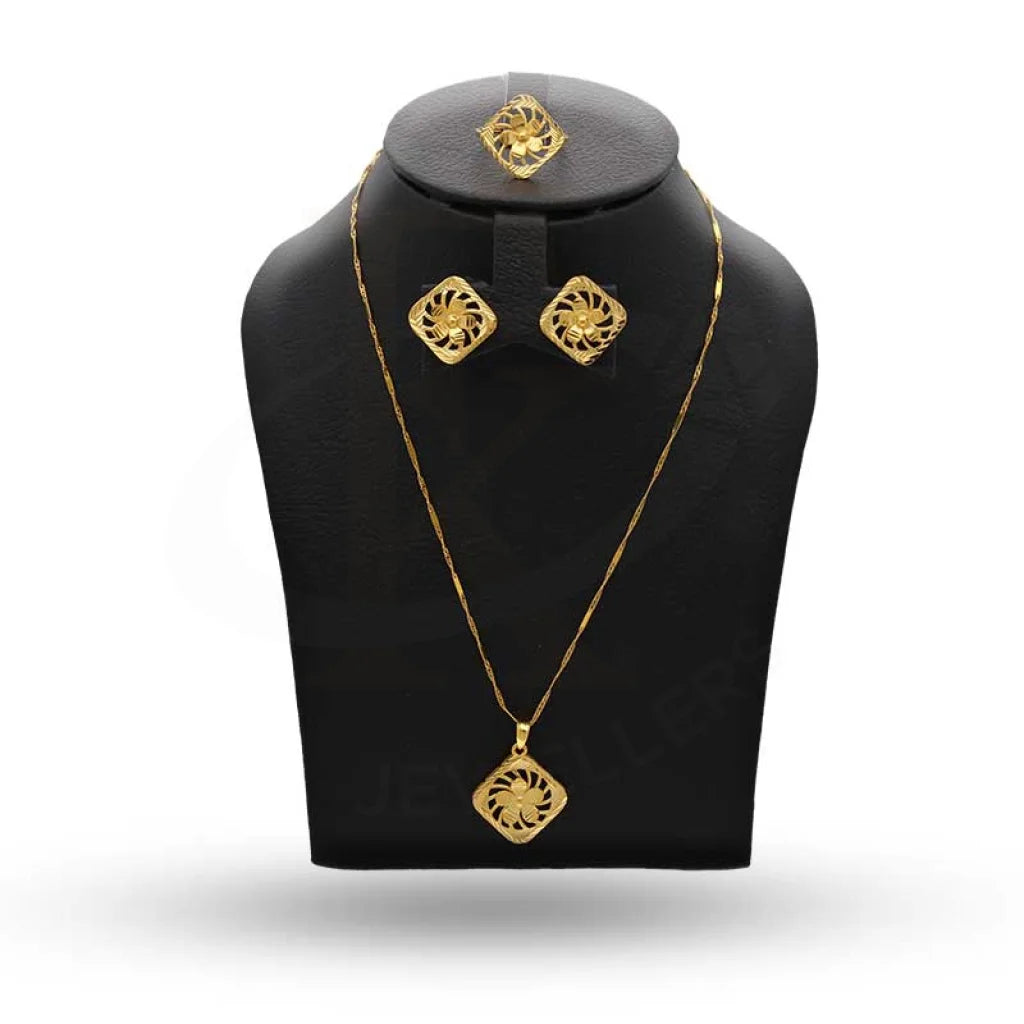 Gold Rhombus And Flower Shaped Pendant Set (Necklace Earrings Ring) 22Kt - Fkjnklst22K2400 Sets