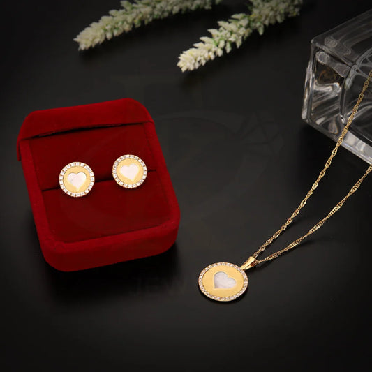 Gold Round Shaped With Heart Pendant Set (Necklace And Earrings) 18Kt - Fkjnklst18K5560 Sets