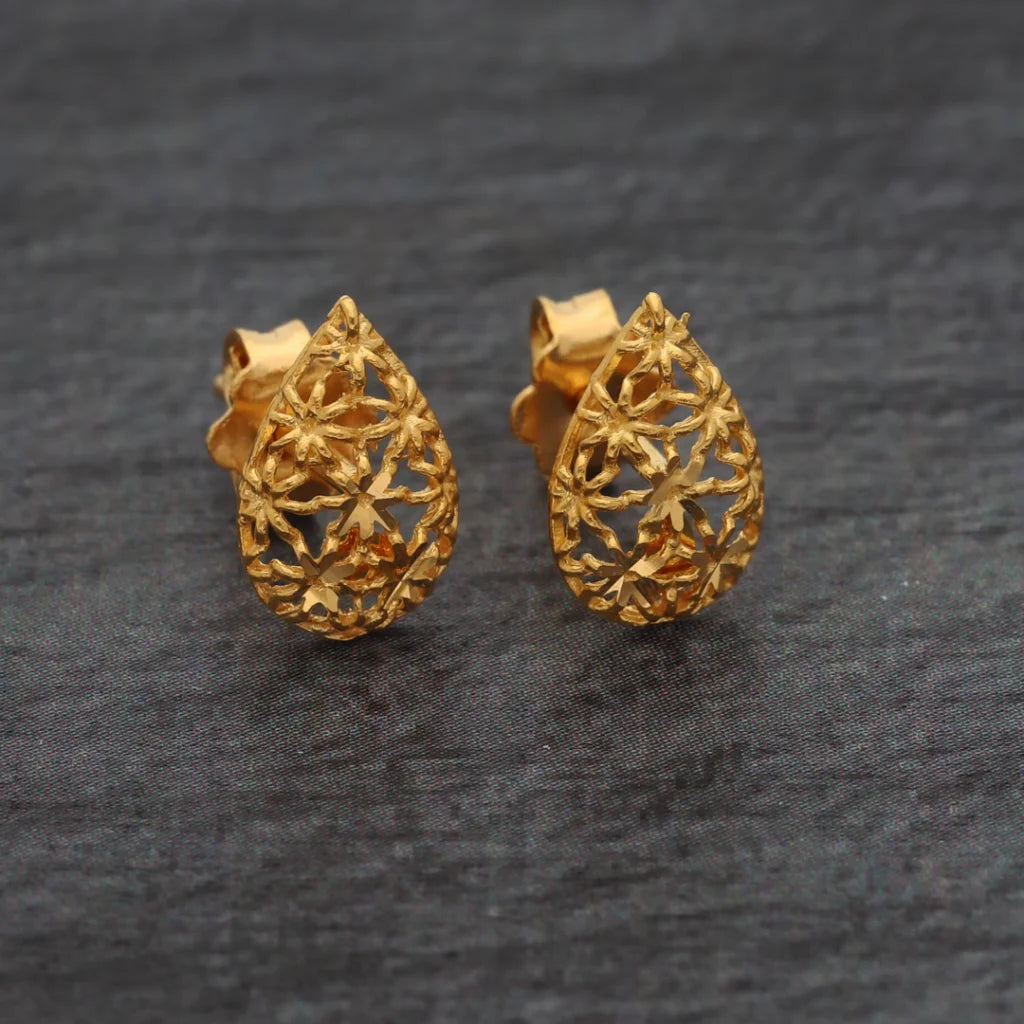 Gold Teardrop Shaped Stud Earrings 21Kt - Fkjern21Km8494