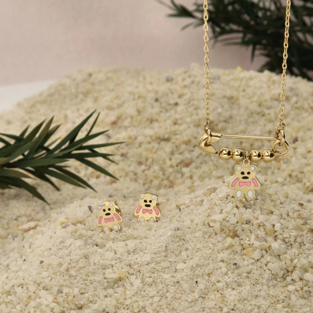 Gold Teddy Bear Pendant Set (Necklace And Earrings) 18Kt - Fkjnklst18K2424 Sets