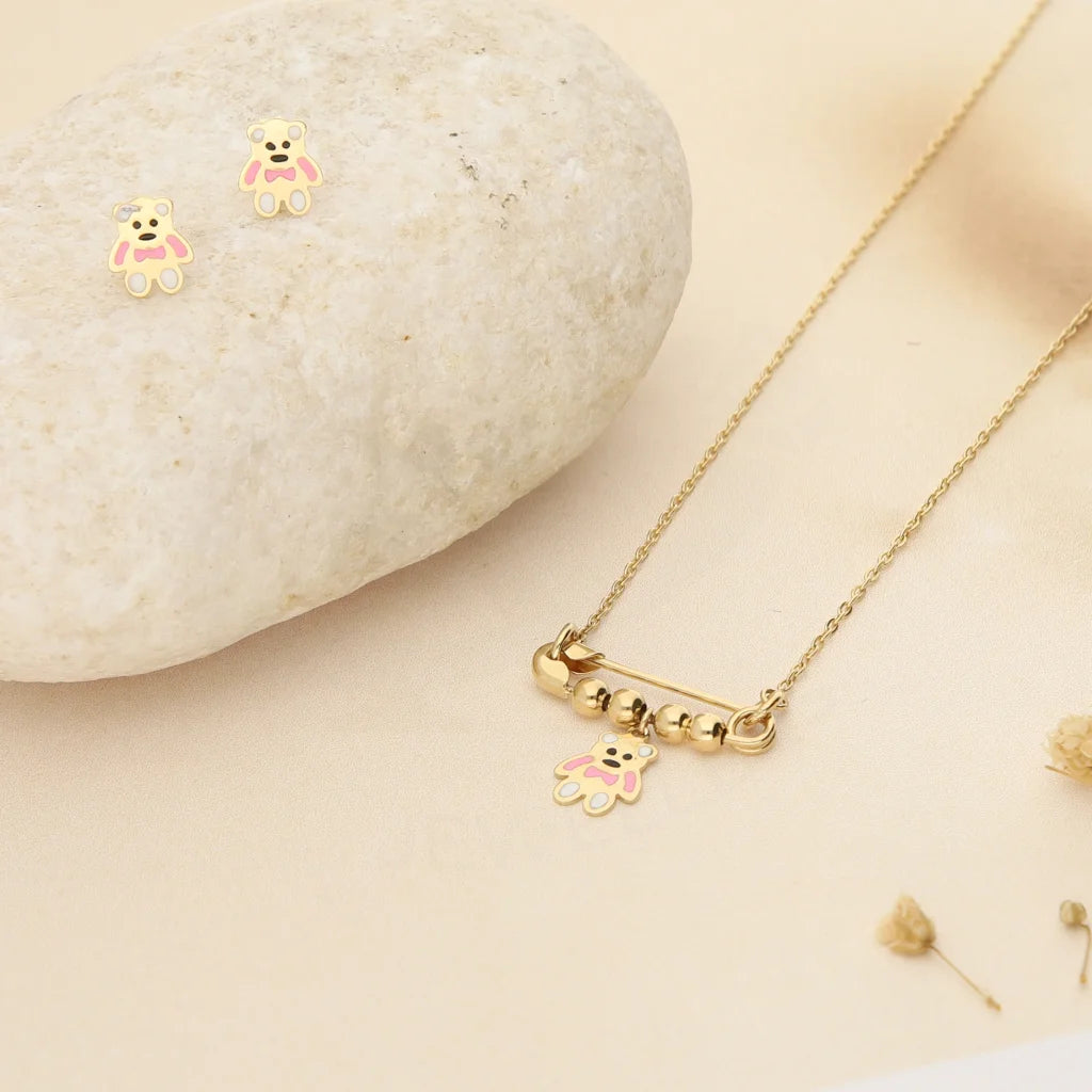 Gold Teddy Bear Pendant Set (Necklace And Earrings) 18Kt - Fkjnklst18K2424 Sets