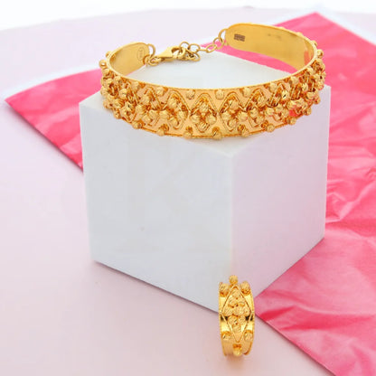 Gold Waves Design Stud Stone Bangle Set (Bangle And Ring) 21Kt - Fkjset21Km8686 Pendant Sets