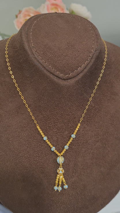Gold Sky Blue Beaded Tassel Necklace 21KT - FKJNKL21KM10360