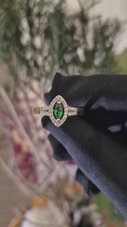 Sterling Silver 925 Marquise Green Gemstone Ring with Split Shank Band Ring - FKJRNSLM12325