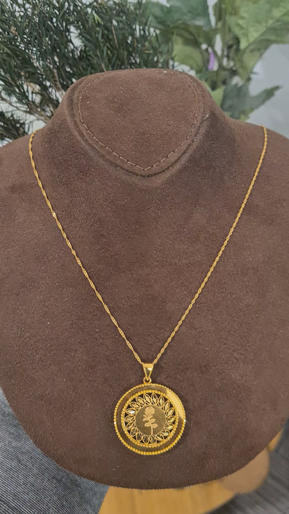 Gold Rose Engraved & Cutwork Coin Pendant With Chain 21KT - FKJNKL21KM10891