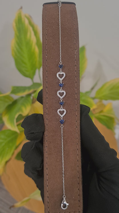 Sterling Silver 925 Blue Sparkling Heart Bracelet - FKJBRLSL10543