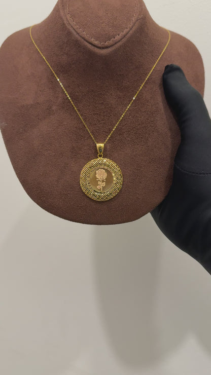 Gold Necklace (Chain with Round Shaped Engraved Rose Pendant) 21KT - FKJNKL21KM10193