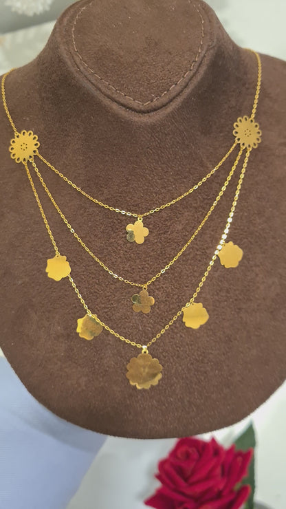Gold Multi-Floral Layer Necklace 21KT - FKJNKL21KM10348
