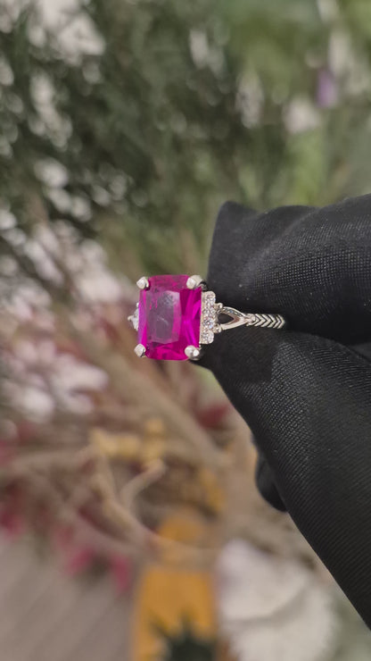Sterling Silver 925 Ruby Red Emerald-Cut Statement Ring in Silver Finish - FKJRNSLM12317