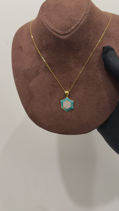 Gold Necklace (Chain with Turquoise Hexa-Star Pendant) 21KT - FKJNKL21KM10200