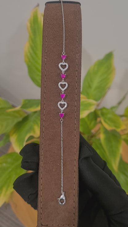 Sterling Silver 925 Pink Sparkling Heart Bracelet - FKJBRLSL10544
