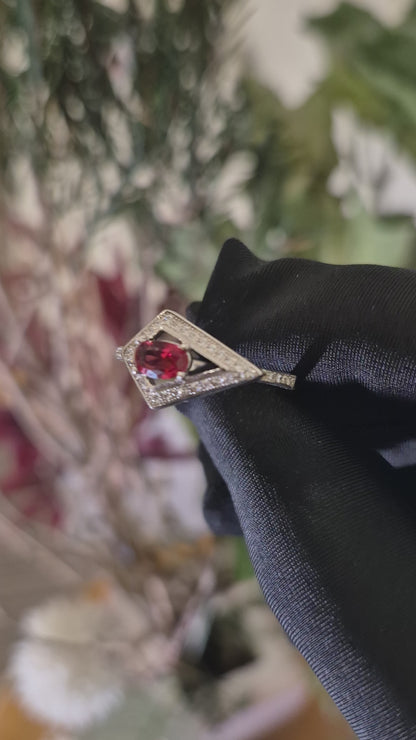 Sterling Silver 925 Oval-Cut Ruby Red Gemstone Triangle Frame Ring - FKJRNSLM12323