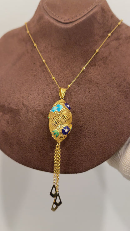 Gold Necklace (Beaded Chain with Oval Shaped Hanging Pendant) 21KT - FKJNKL21KM10160