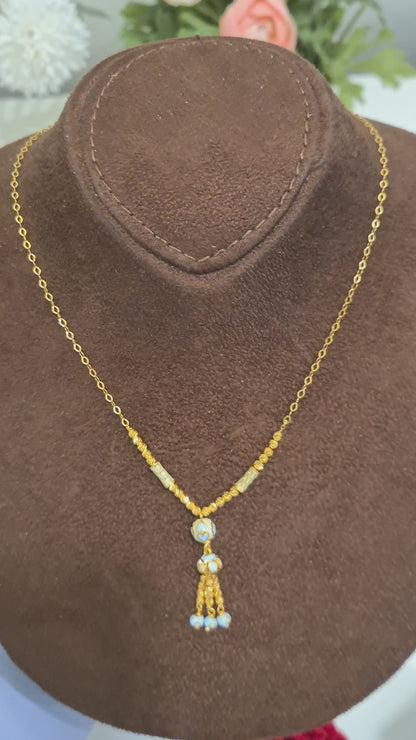 Gold Blue Bead Tassel Necklace 21KT - FKJNKL21KM10367