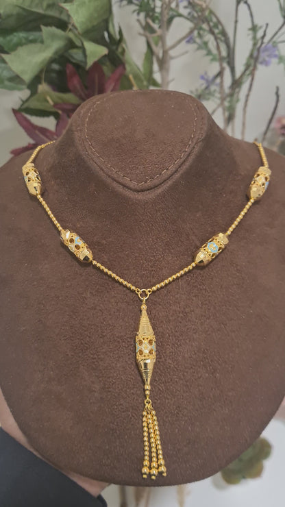 Gold Barrel Bead Tassel Drop Necklace 21KT - FKJNKL21KM10375