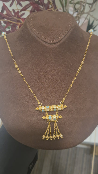 Gold Turquoise Charm Dangler Necklace 21KT - FKJNKL21KM10372