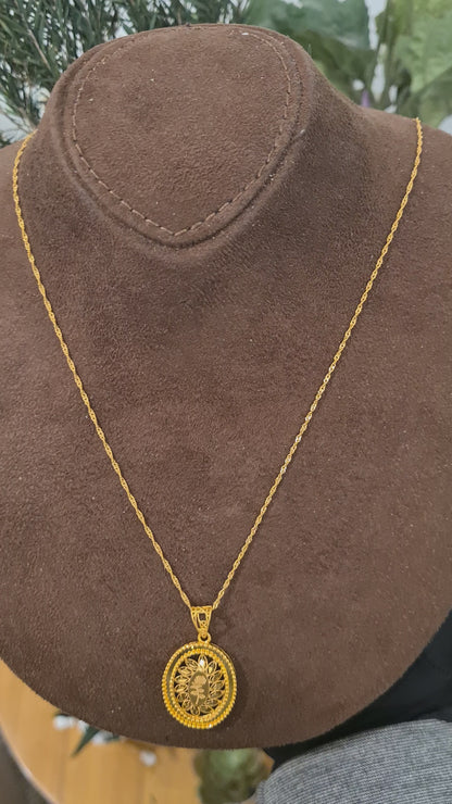 Gold Rose Engraved & Cutwork Oval Pendant With Chain 21KT - FKJNKL21KM10890