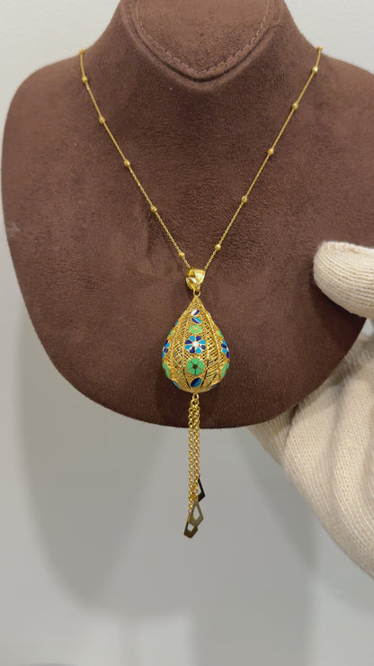Gold Necklace (Beaded Chain with Hanging Drop Shaped Pendant) 21KT - FKJNKL21KM10149
