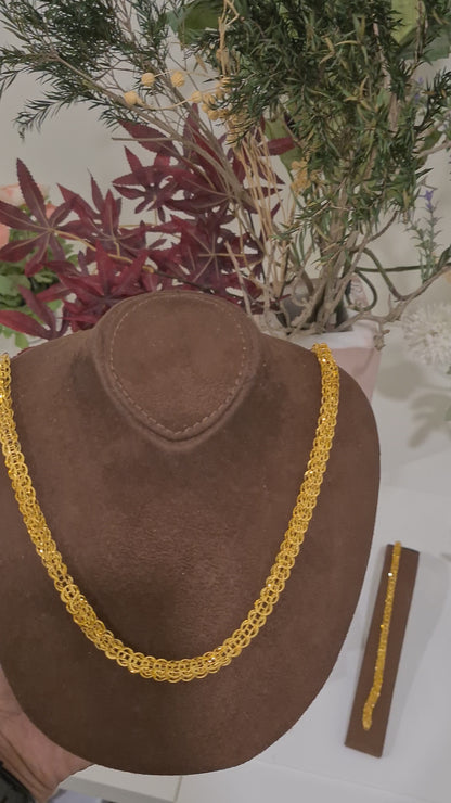 Gold Textured Woven Chain Set (Chain with Bracelet) 21KT - FKJCNST21KM10385