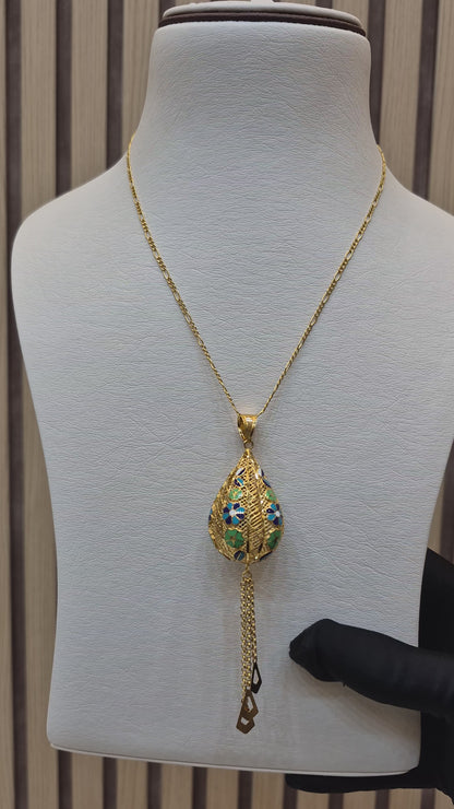 Gold Necklace (Beaded Chain with Hanging Drop Shaped Pendant) 21KT - FKJNKL21KM10149
