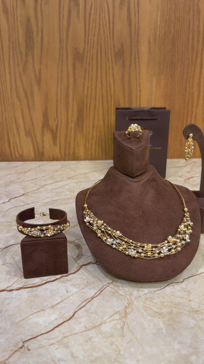 Gold Beaded Necklace Set (Necklace, Bracelet, Earrings and Ring) 21KT - FKJNKLST21KM10165