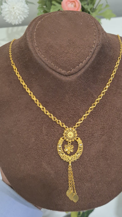 Gold Intricate Floral Dangle Necklace 21KT - FKJNKL21KM10365